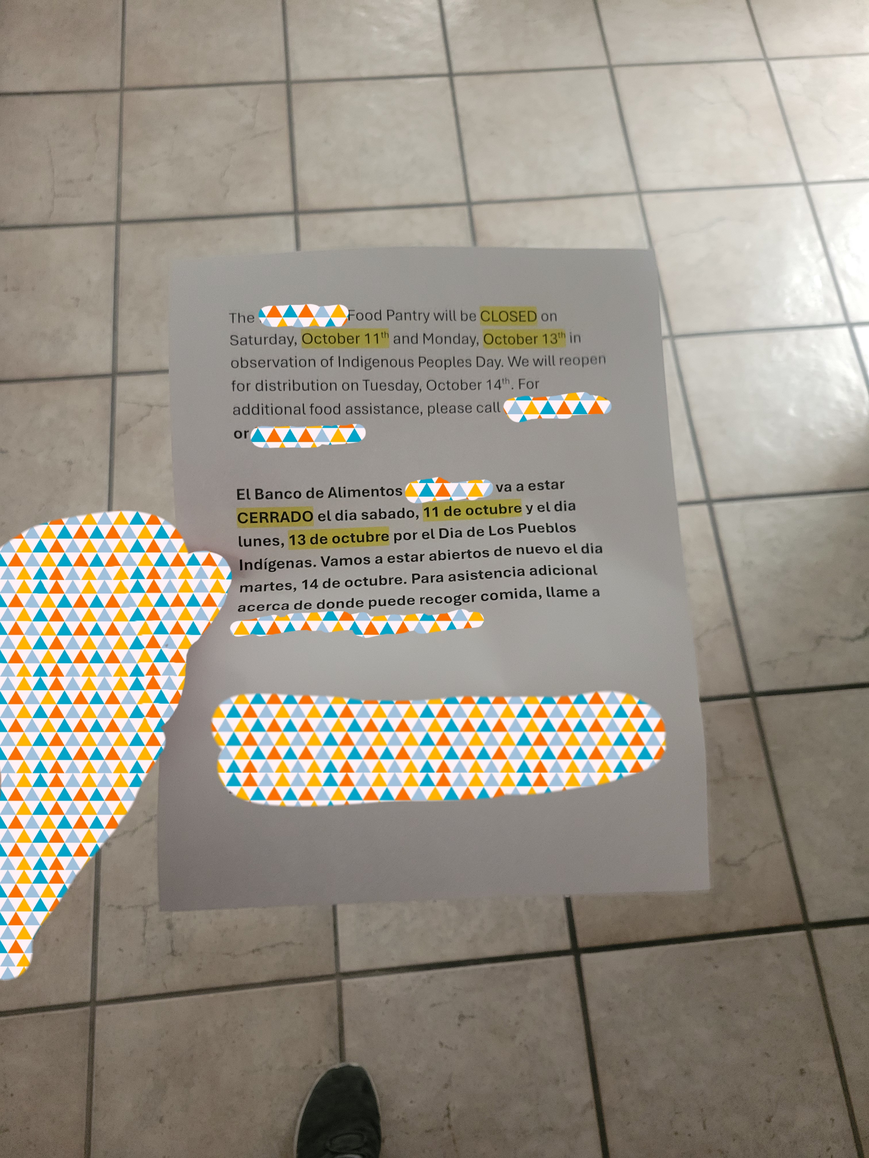 Food pantry holiday observation closure notice and where to call for food assistance during that time.